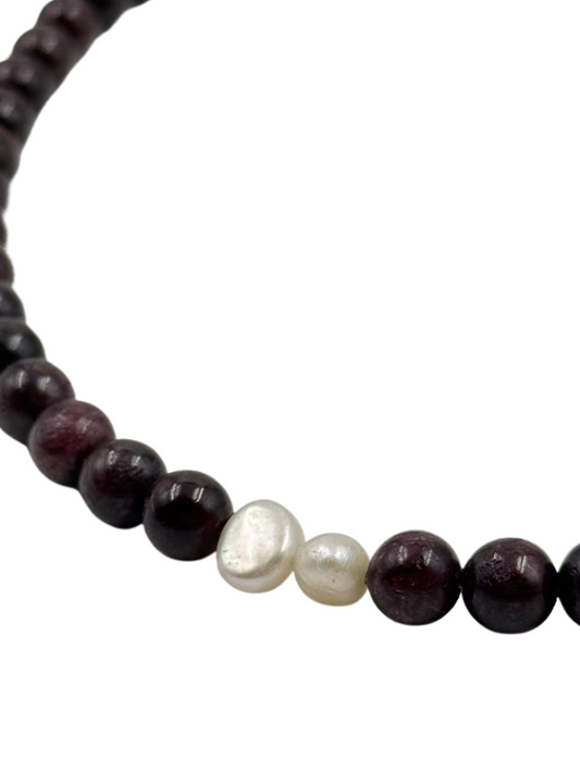 שרשרת קורניות בורדו, שילוב פנינים וכסף 925